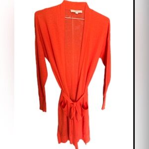 Lightweight linen blend tie waist orange cardigan